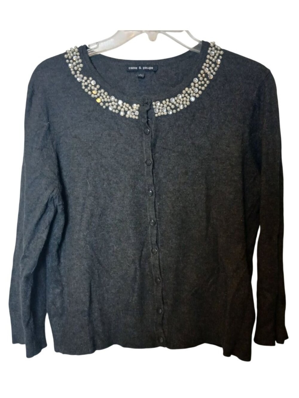 Cable & Gauge Black Cardigan W/ Faux Pearl & Rhinestone Size L Button Gray #D-20